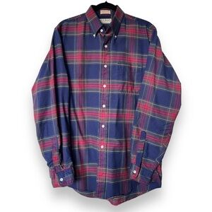 Vintage Lands End Men’s Blue Red plaid Cotton Blend Button Up long sleeve Shirt